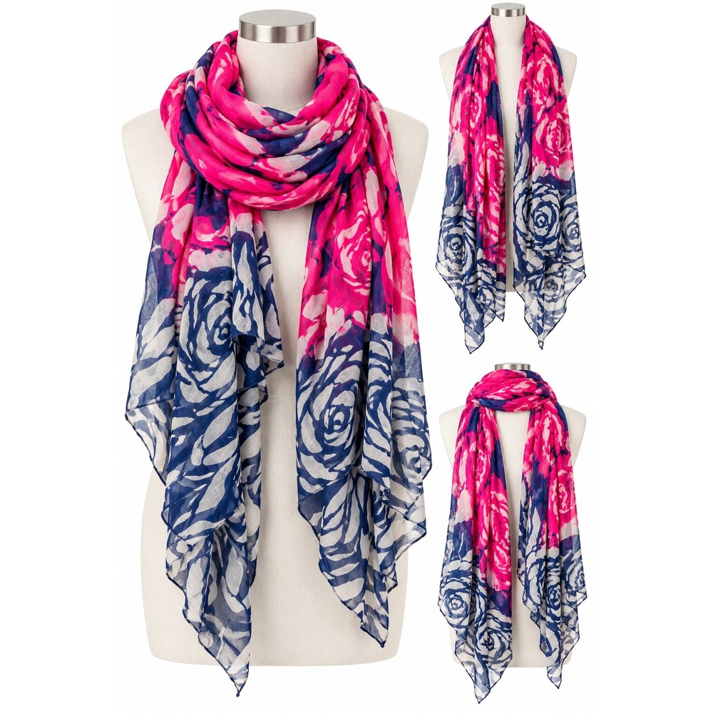 Hot Pink Navy Blue Floral Sheer Scarf Lightweight Oversized Wrap Shawl Womens OS - Picture 2 of 3
